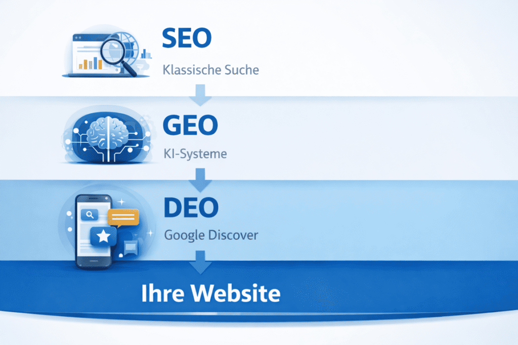 Grafik zeigt Zusammenhang von SEO, GEO und DEO mit Pfeilen bis zur Website (Klassische Suche, KI-Systeme, Google Discover).
