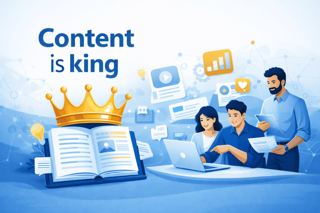 Illustration mit Text „Content is king“, goldenem Krönchen auf offenem Buch, Content-Icons und Team am Laptop in Blautönen.