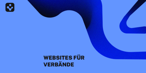 Abstrakte blaue Grafik mit geschwungener Form und dem Schriftzug "Websites für Verbände".