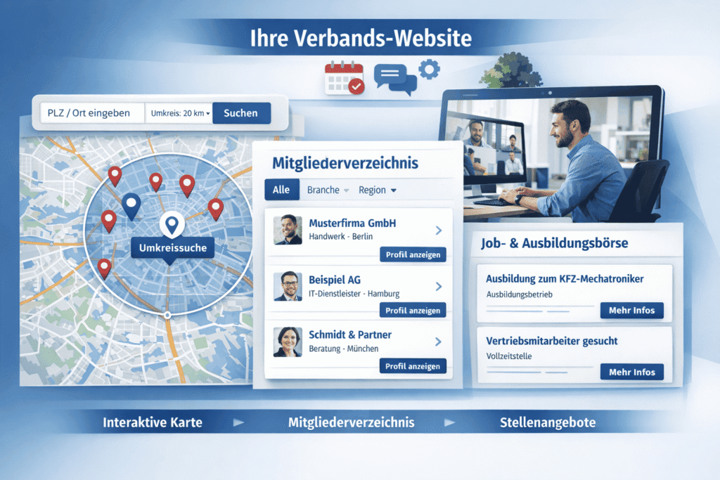 Moderne Verbands-Website mit interaktiver Karte, Umkreissuche, Mitgliederverzeichnis und Job- sowie Ausbildungsbörse zur digitalen Vernetzung von Mitgliedsbetrieben.