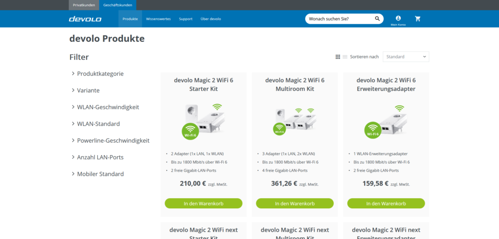 Produktübersicht im Shopware-Shop von devolo mit Filtermenü, Kategorien und Preisen.