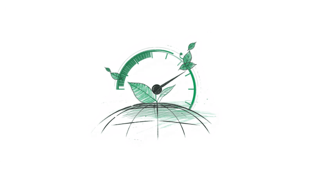 Illustration eines Tachometers mit grünem Blatt als Symbol für nachhaltige Website-Performance, Ladegeschwindigkeit und umweltfreundliche Webtechnologie.
