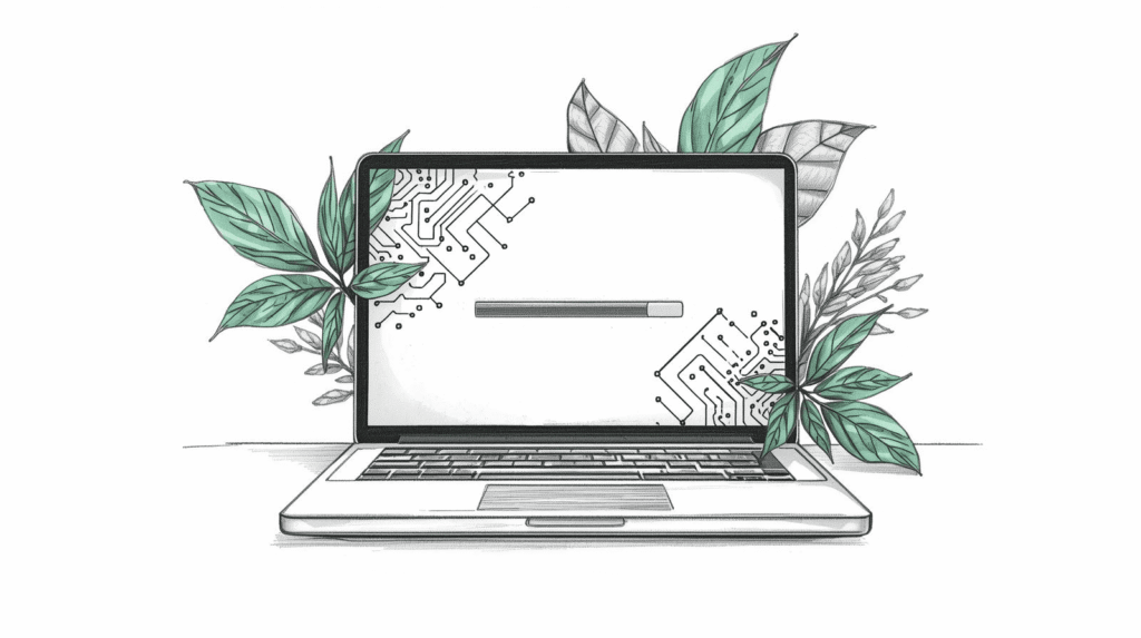 Laptop mit Website-Interface, Pflanzen und Leiterbahn-Elementen als Darstellung von nachhaltiger Webentwicklung, moderner Technologie und umweltfreundlicher Digitalisierung.
