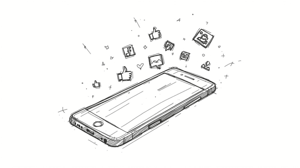 Skizzenillustration eines Smartphones mit Social-Media-Symbolen – Social Media für Unternehmen und digitale Sichtbarkeit