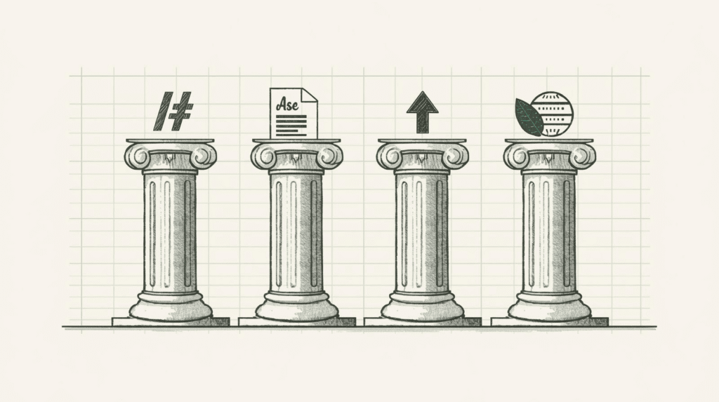 Vier klassische Säulen mit Symbolen für Hashtag, Dokument, Wachstumspfeil und nachhaltige Weltkugel als Illustration der wichtigsten SEO-Grundlagen und Ranking-Faktoren.