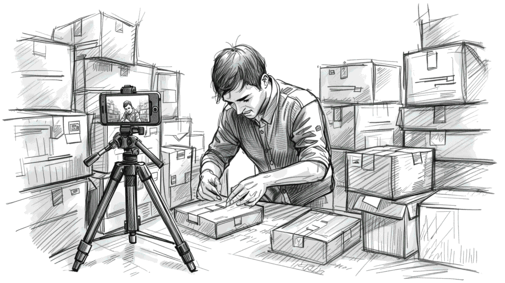 Skizzenillustration eines Online-Shop Betreibers beim Verpacken von Produkten und Erstellen von Content – Social Media für Unternehmen im E-Commerce