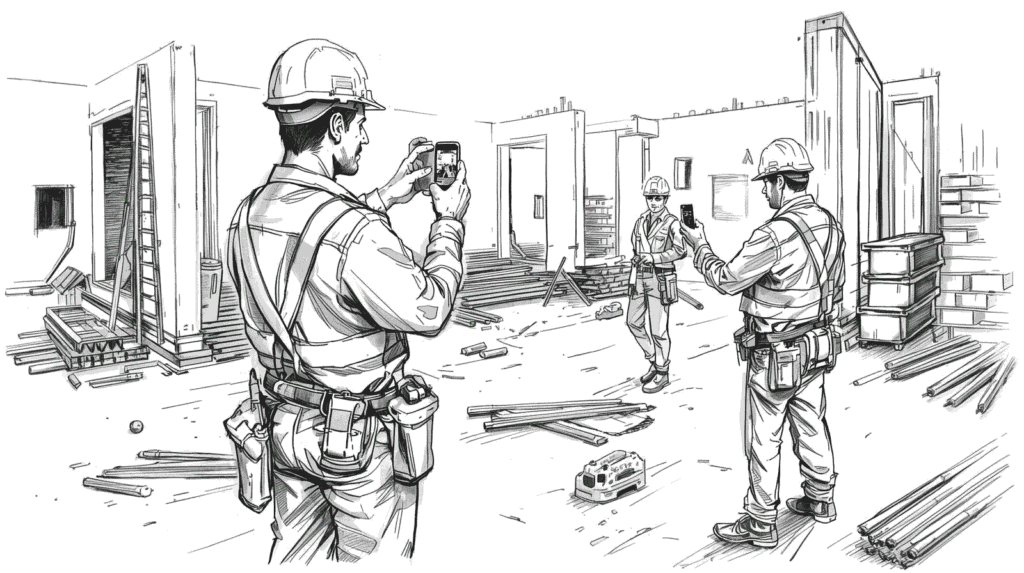 Skizzenillustration eines Handwerkers auf Baustelle der ein Foto mit Smartphone macht – Social Media für Unternehmen im Handwerk