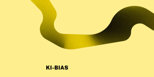 Abstrakte gelbe Grafik mit geschwungener Linie auf vollflächigem Hintergrund. Darauf steht in Großbuchstaben: KI-Bias.