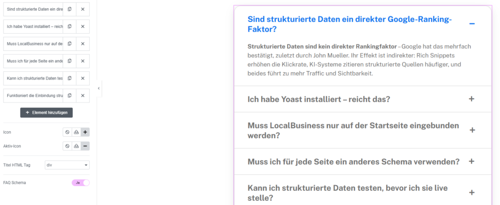 FAQ-Block im CMS-Editor mit aufgeklappter Antwort: Strukturierte Daten sind kein direkter, aber indirekter Rankingfaktor.