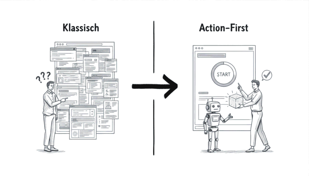 Skizzenillustration eines Vorher-Nachher-Vergleichs: Links ein verwirrter Nutzer vor einer überladenen klassischen Website mit Fragezeichen, rechts ein zufriedener Nutzer mit KI-Roboter vor einem cleanen Action-First Interface mit Start-Button