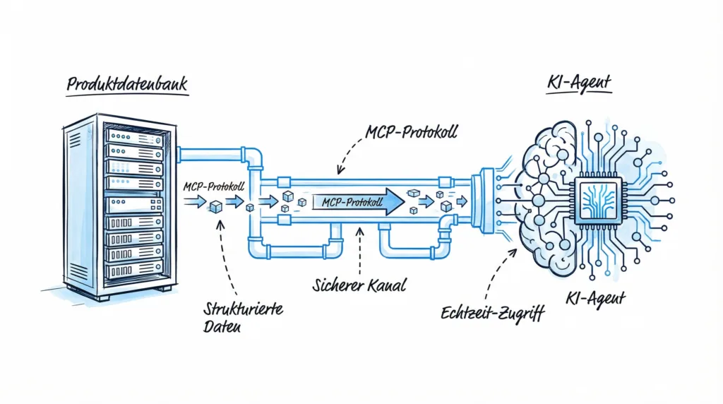 Schematische Darstellung des MCP-Protokolls: Produktdatenbank überträgt strukturierte Daten über einen sicheren Kanal in Echtzeit an einen KI-Agenten