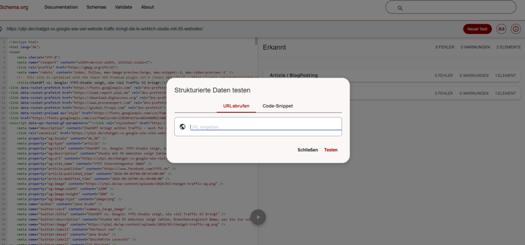 Screenshot des Schema Markup Validators mit geöffnetem Testdialog zur URL-Eingabe, im Hintergrund erkannte Schemata: Article/BlogPosting mit 0 Fehlern und 0 Warnungen.