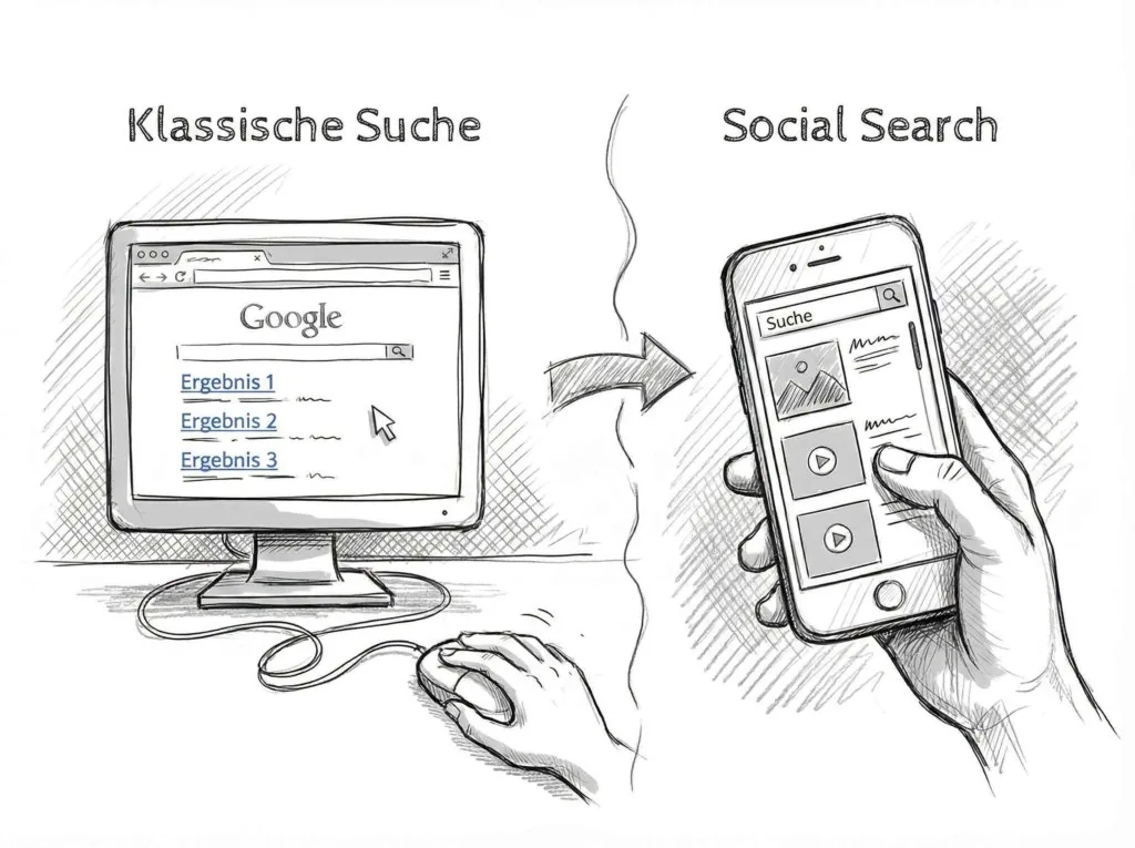 Skizzenhafte Gegenüberstellung: Links ein Desktop-Computer mit der Google-Ergebnisliste, beschriftet mit "Klassische Suche". Rechts ein Smartphone mit einem vertikalen Video-Feed, beschriftet mit "Social Search". Ein Pfeil in der Mitte zeigt den Wandel im Suchverhalten von Google hin zu sozialen Plattformen wie TikTok und Instagram.