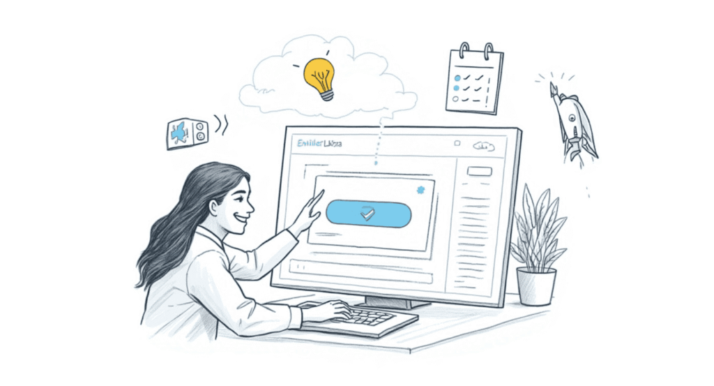 Skizzenillustration einer Nutzerin am Schreibtisch, die auf einem Bildschirm einen automatisierten Handlungsvorschlag mit einem Klick bestätigt – mit schwebenden Icons für Ideen, Kalender und Rakete