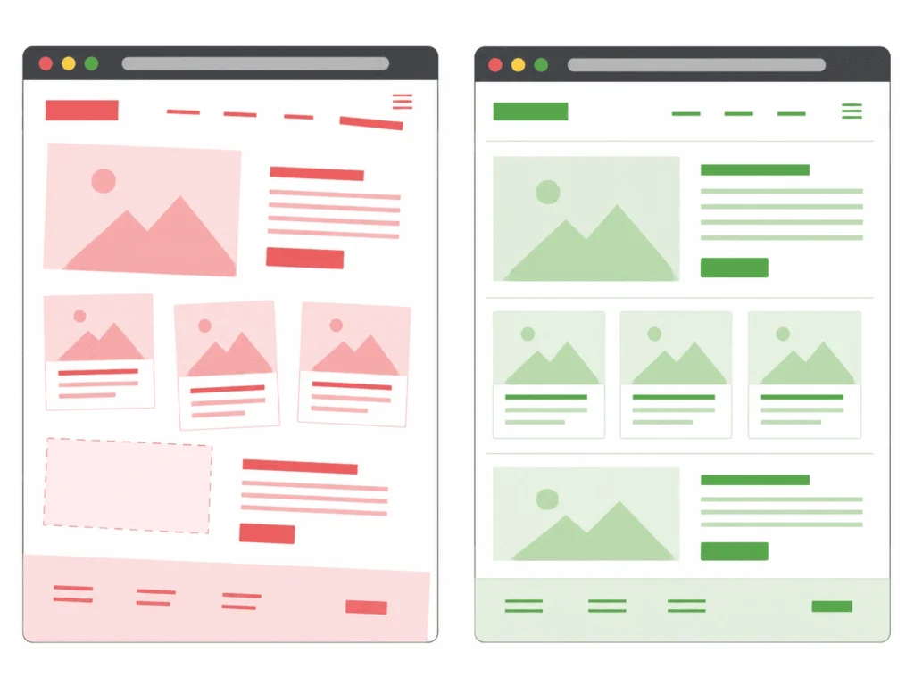 Gegenüberstellung zweier Webseiten: links ein instabiles Layout mit verrutschenden Elementen in Rot, rechts eine stabile, klar strukturierte Seite in Grün als Symbol für gute Nutzererfahrung und geringe Layoutverschiebungen.