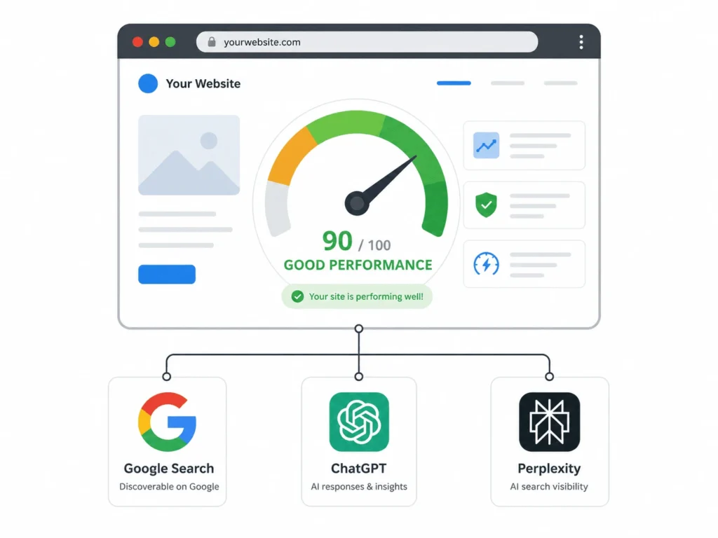 Website-Performance-Dashboard mit 90 von 100 Punkten, verbunden mit Google Search, ChatGPT und Perplexity als Symbol für technische Optimierung und bessere Sichtbarkeit in klassischen sowie KI-basierten Suchsystemen.