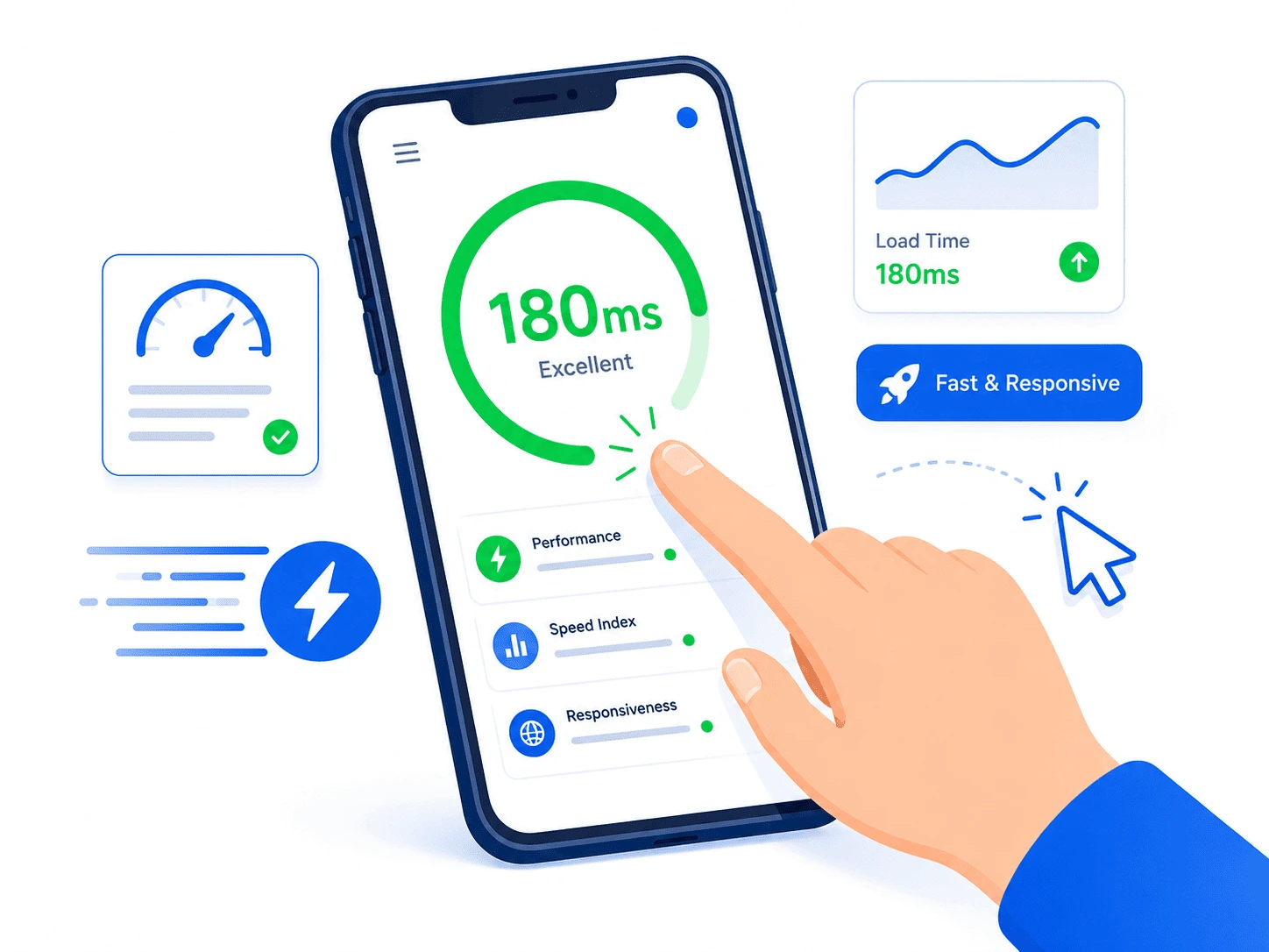 Hand tippt auf ein Smartphone mit 180 Millisekunden Ladezeit und Performance-Anzeige als Symbol für schnelle Reaktionszeiten und mobile Optimierung.