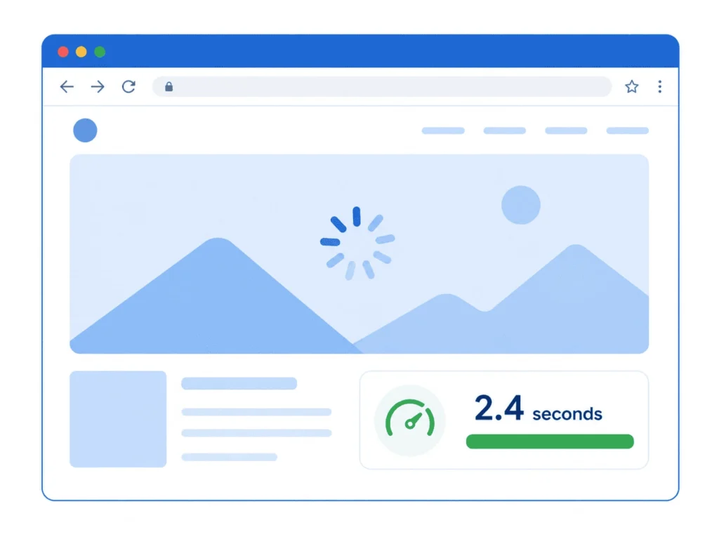 Browserfenster mit Website-Ladezeit von 2,4 Sekunden und grüner Performance-Anzeige für schnelle Seitenladegeschwindigkeit.