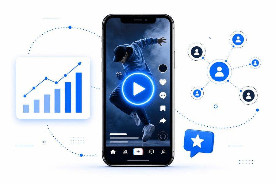 TikTok für Unternehmen 2026 – Smartphone mit Video-Interface, Reichweiten-Chart und Netzwerk-Grafik zur organischen Sichtbarkeit auf TikTok