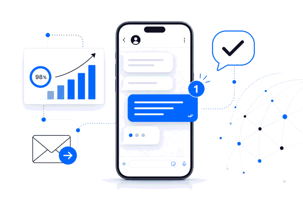 WhatsApp als Marketing-Kanal – Smartphone mit Chat-Interface, 98 % Öffnungsrate und direkter Kundenkommunikation für Unternehmen