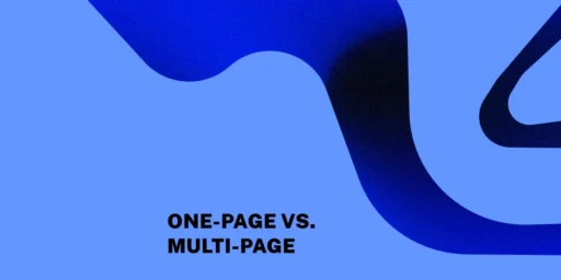 Abstrakte blaue Grafik mit geschwungener Form und dem Schriftzug in Großbuchstaben.