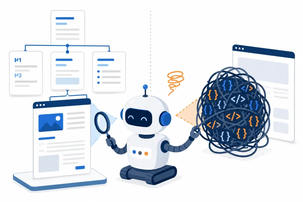 Illustration eines KI-Crawlers: Links liest ein Roboter klar strukturierte Inhalte, rechts versperrt ein Knäuel aus JavaScript-Code den Blick auf eine Webseite.