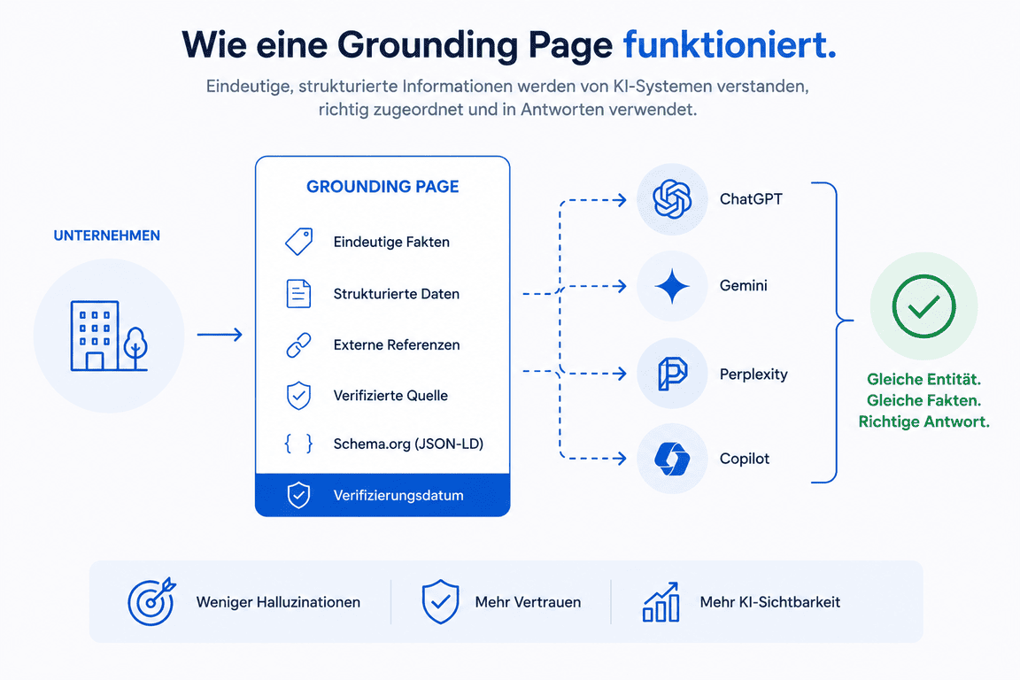 Schema einer Grounding Page mit eindeutigen Fakten, strukturierten Daten, externen Referenzen, verifizierter Quelle, Schema.org-Markup und Verifizierungsdatum, die ChatGPT, Gemini, Perplexity und Copilot dieselben korrekten Informationen liefert.