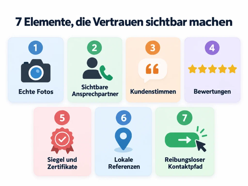 Infografik mit sieben Vertrauenselementen für Websites: echte Fotos, sichtbare Ansprechpartner, Kundenstimmen, Bewertungen, Siegel und Zertifikate, lokale Referenzen sowie ein reibungsloser Kontaktpfad.