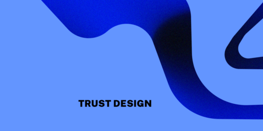 Abstrakte blaue Grafik mit geschwungener Form und dem Schriftzug in Großbuchstaben.