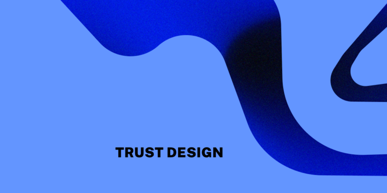 Abstrakte blaue Grafik mit geschwungener Form und dem Schriftzug in Großbuchstaben.