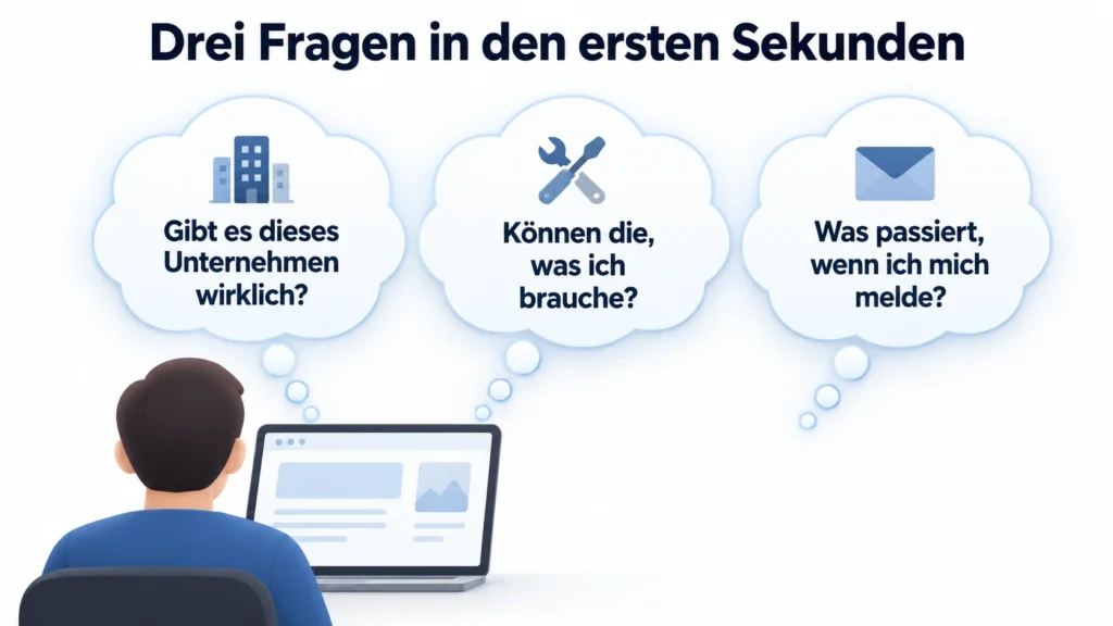 Infografik mit der Überschrift „Drei Fragen in den ersten Sekunden“: Eine stilisierte Person sitzt von hinten vor einem Laptop, darüber drei Gedankenblasen mit den Fragen „Gibt es dieses Unternehmen wirklich?“, „Können die, was ich brauche?“ und „Was passiert, wenn ich mich melde?“.
