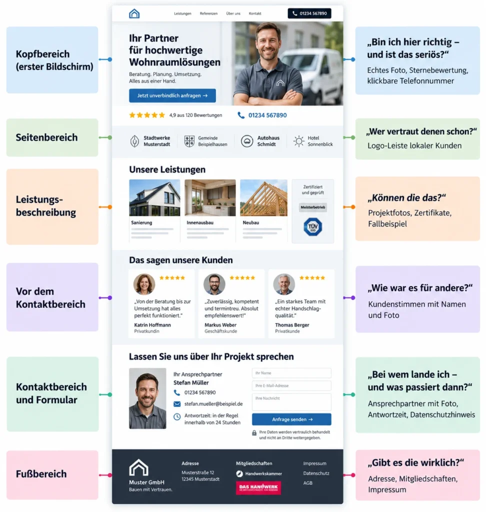 Infografik zu Vertrauenselementen auf Websites mit Beispielen für Kopfbereich, Kundenlogos, Leistungsbeschreibung, Kundenstimmen, Kontaktformular und Fußbereich.